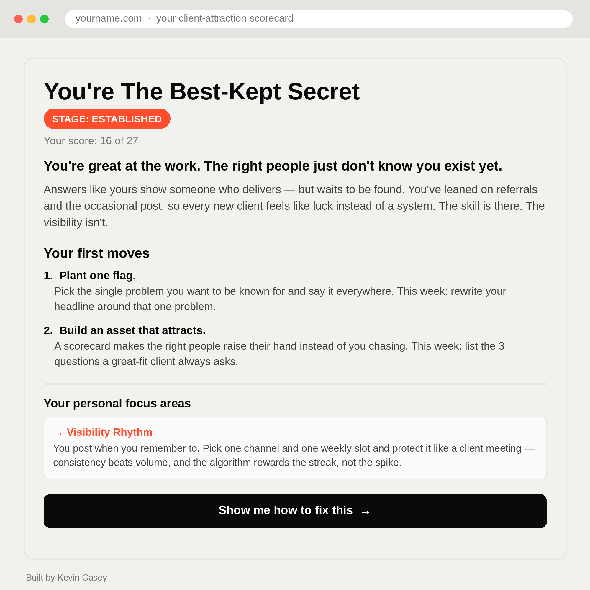 A real scorecard result page — identity, diagnosis, and first moves